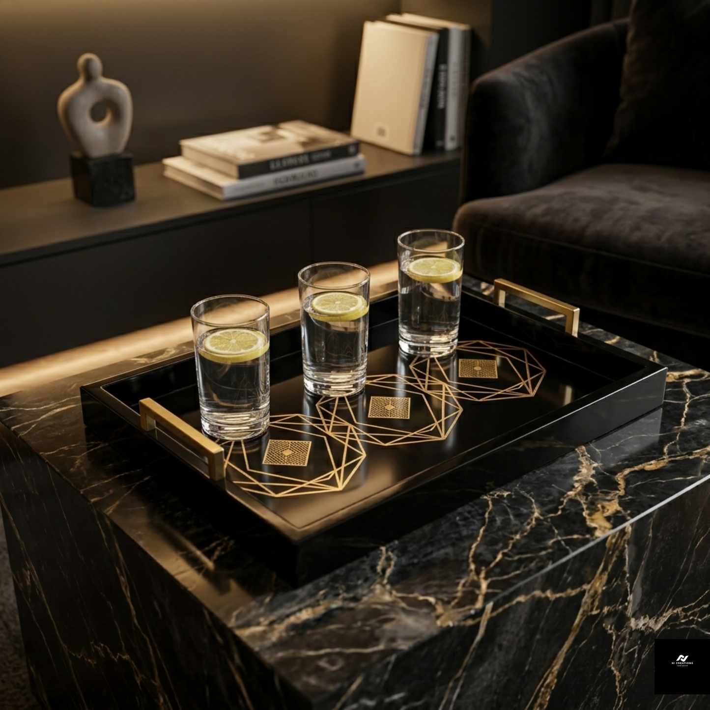 Luxury Black & Gold Geometric Serving Tray – Premium Decorative Metal Serving Tray