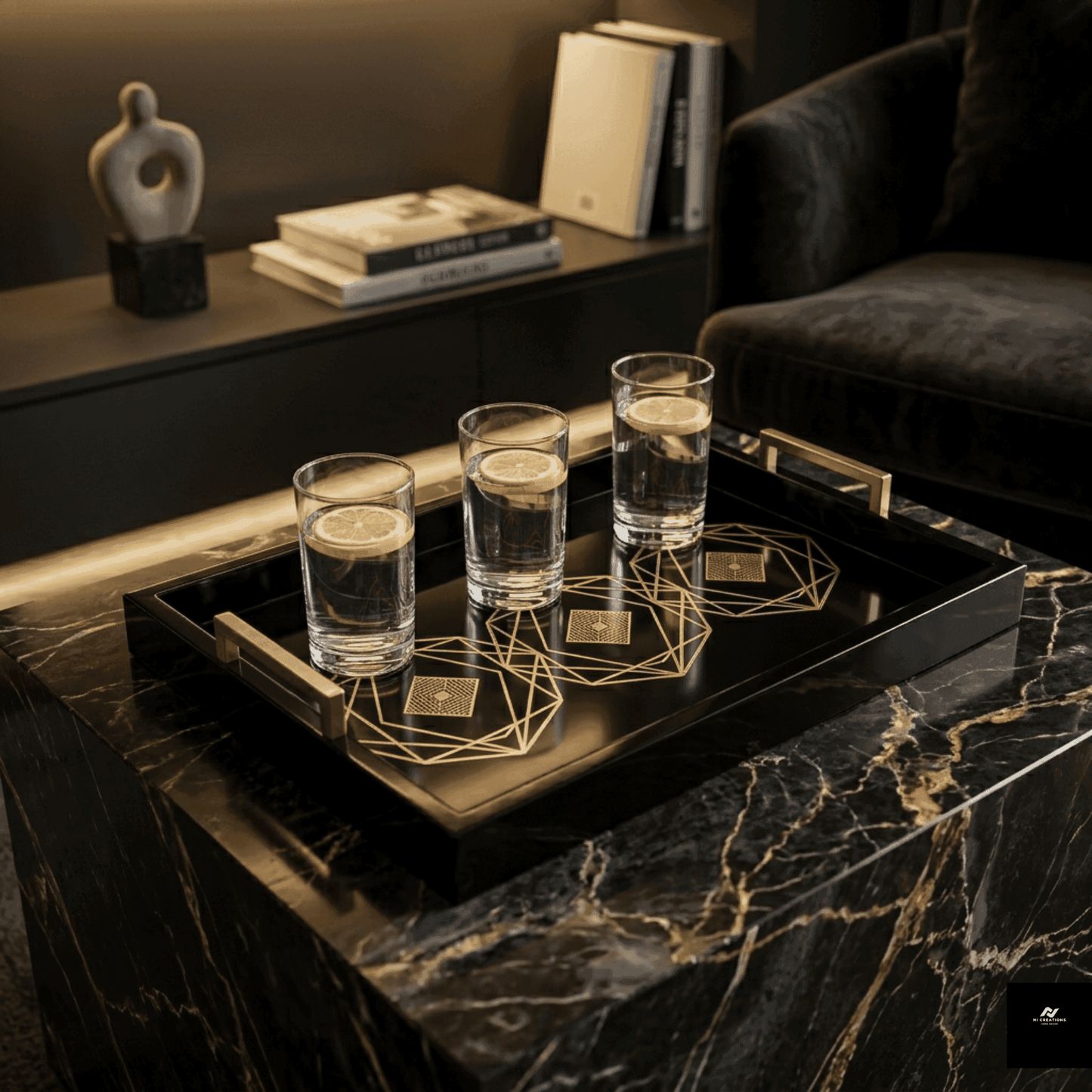 Luxury Black & Gold Geometric Serving Tray – Premium Decorative Metal Serving Tray