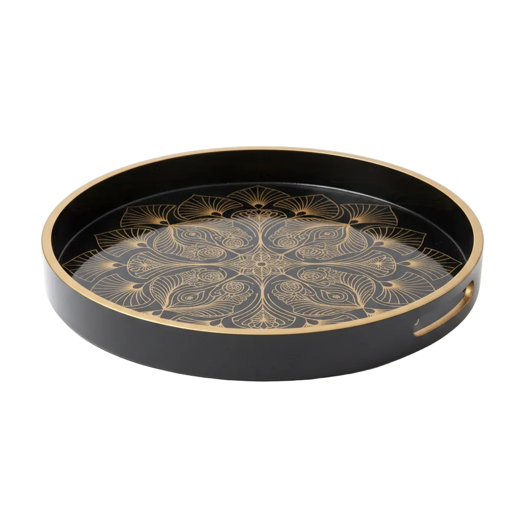 Luxury Black & Gold Round Serving Tray – Premium Decorative Enamel Tray with Handles