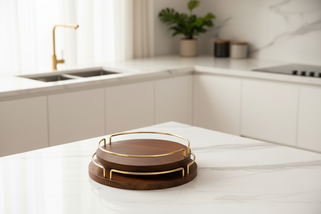Artisan Walnut Wood Serving Tray Set with Metal Gold Plated Handles