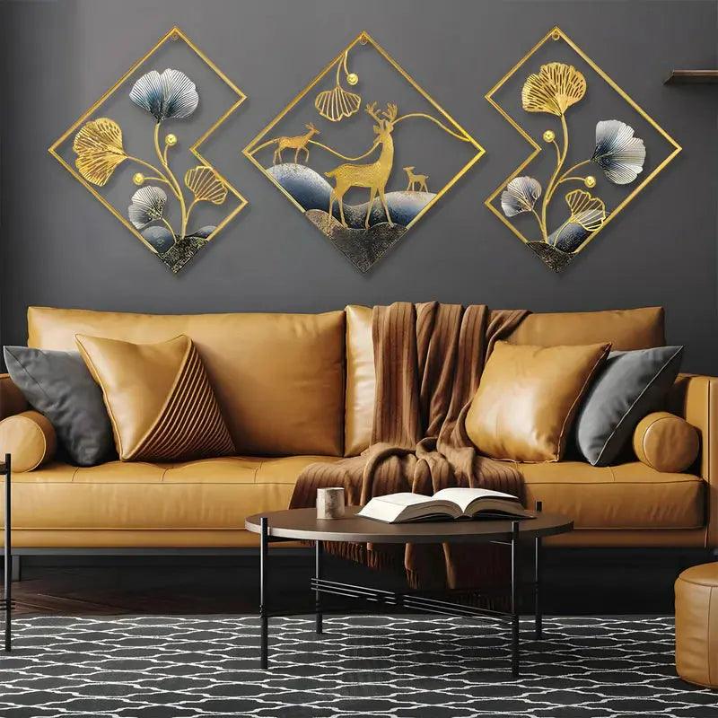 Aesthetic metal wall art featuring golden floral designs and deer on a stylish dark wall backdrop