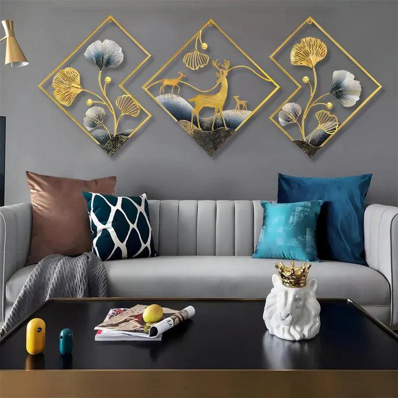 Aesthetic metal wall art featuring deer and flowers in a modern gold and silver design for home decor