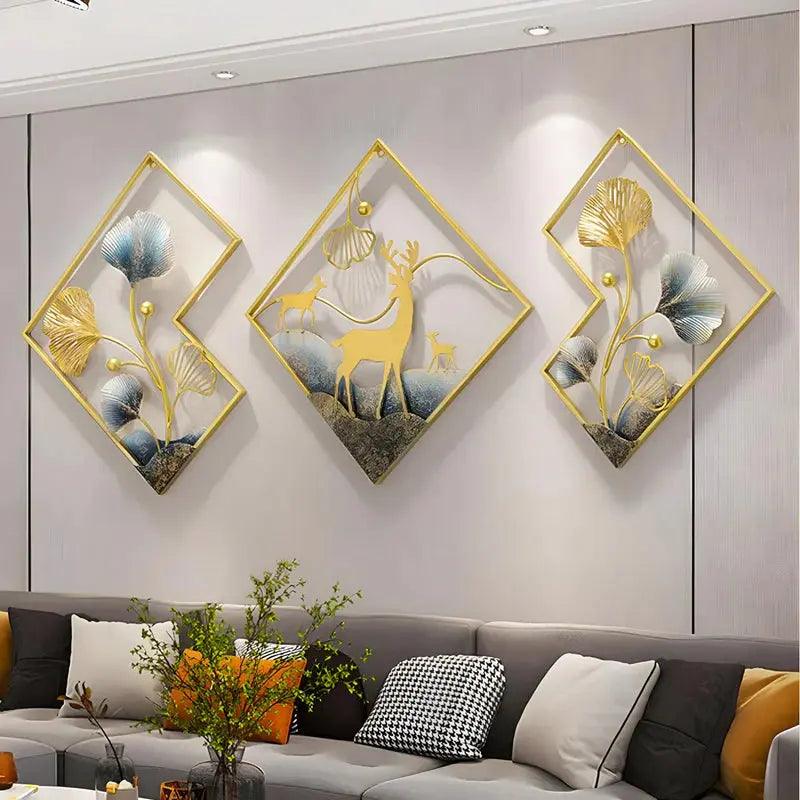 Elegant aesthetic metal wall art featuring gold and silver designs of deer and plants for modern decor
