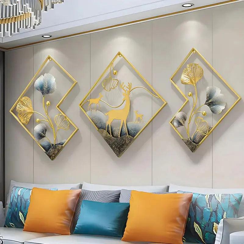 Aesthetic metal wall art featuring deer and floral designs in gold and blue for modern home decor