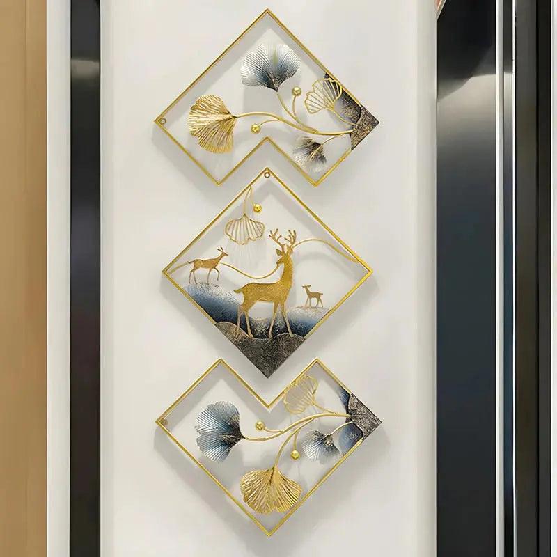 Aesthetic metal wall art featuring deer and nature motifs in elegant gold and blue tones