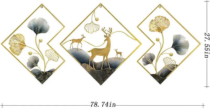 Aesthetic metal wall art featuring deer and leaves in elegant gold design, perfect for modern decor