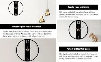 Modern analog wall clock in black metal with clear numerals for home and office decoration