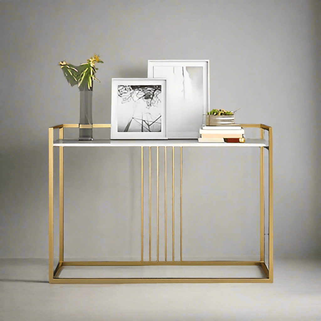 Minimalist narrow console table with books and accessories