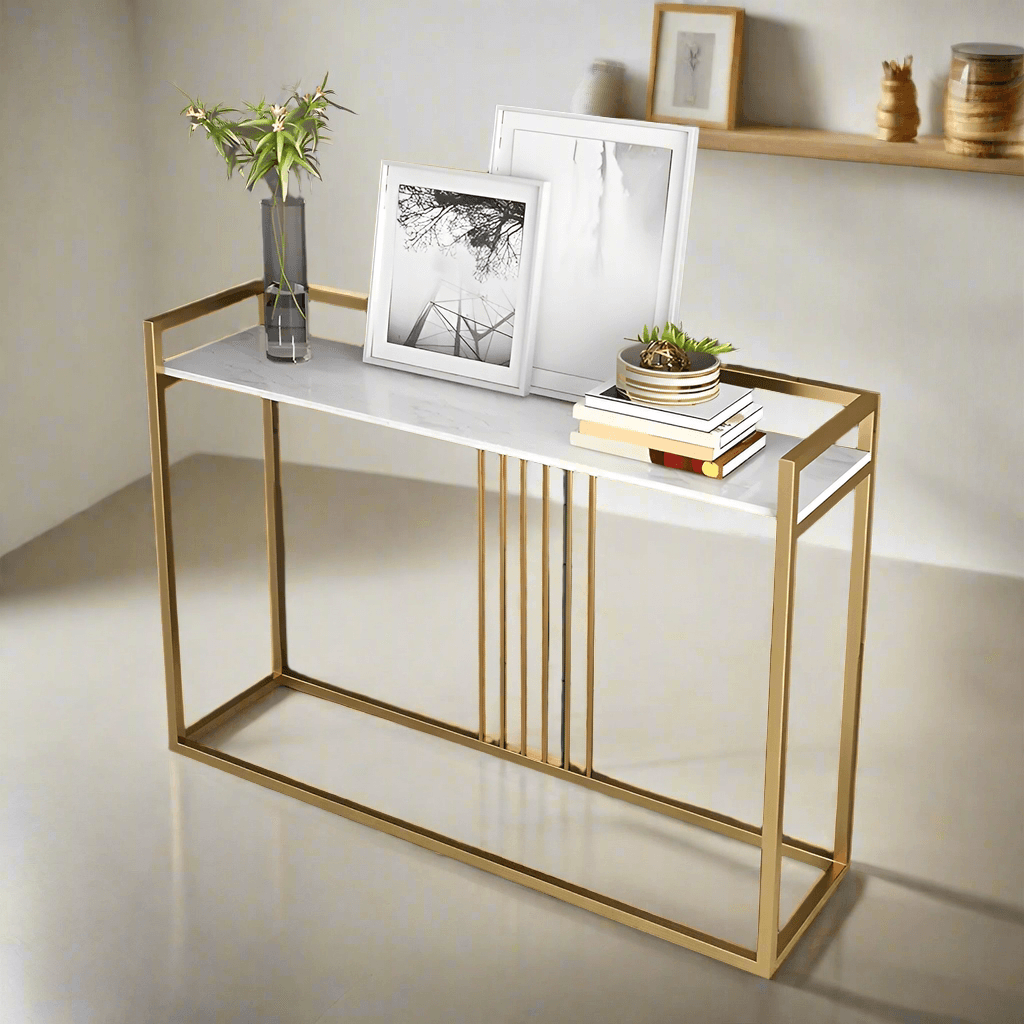 Modern gold console table with engineered wood top – full view