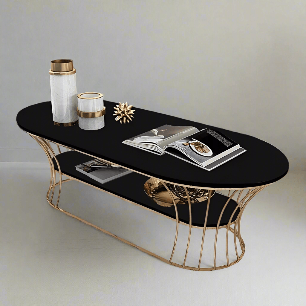 Clean product shot of the oval coffee table with black wooden top and rose gold frame – N I CREATIONS™