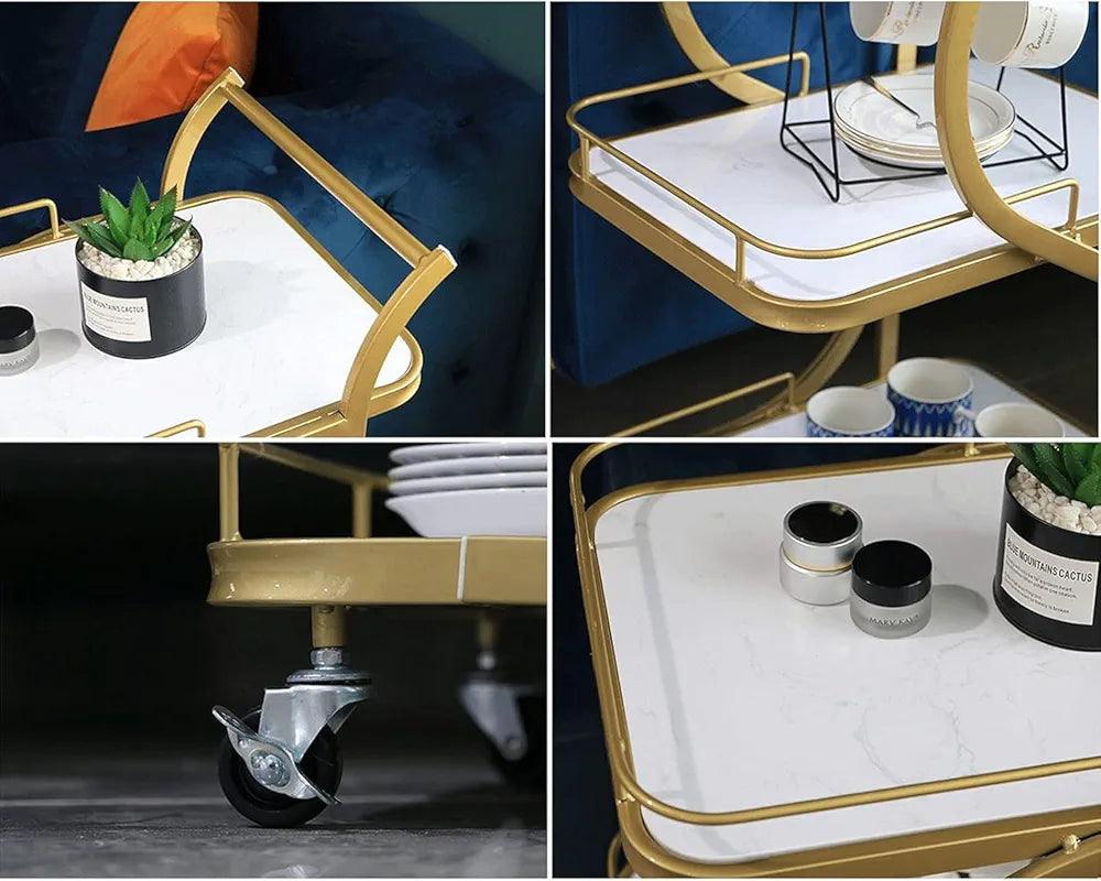Elegant N I CREATIONS Bar Trolley with Marble Top and Rolling Wheels for Home Decor