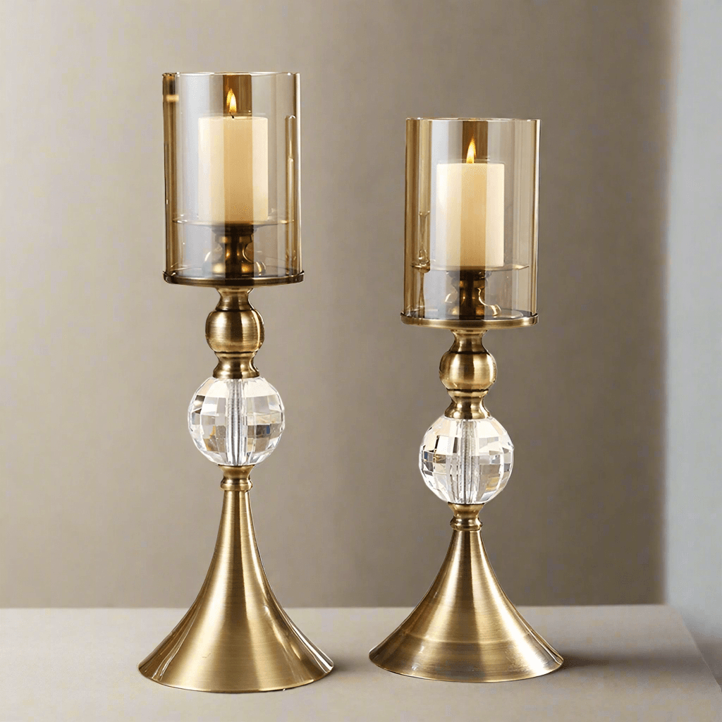 Set of 2 crystal candle holders – antique brass finish with chimney – studio view