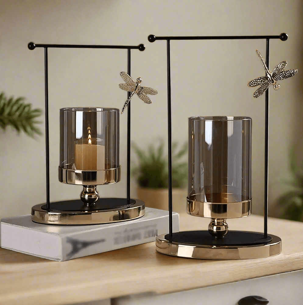 N I CREATIONS decorative candlestick holder pillar with elegant black and gold design featuring glass detail