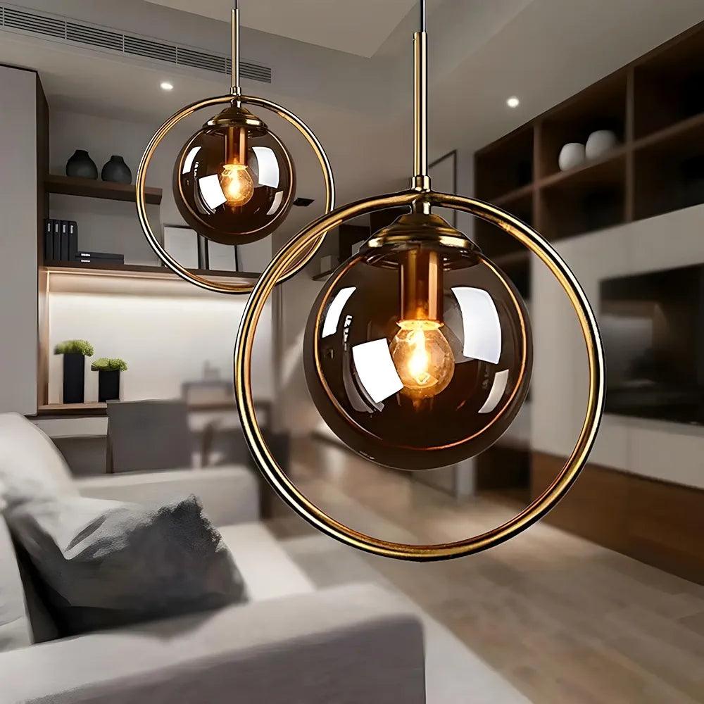Zoom view of glass shade and golden structure