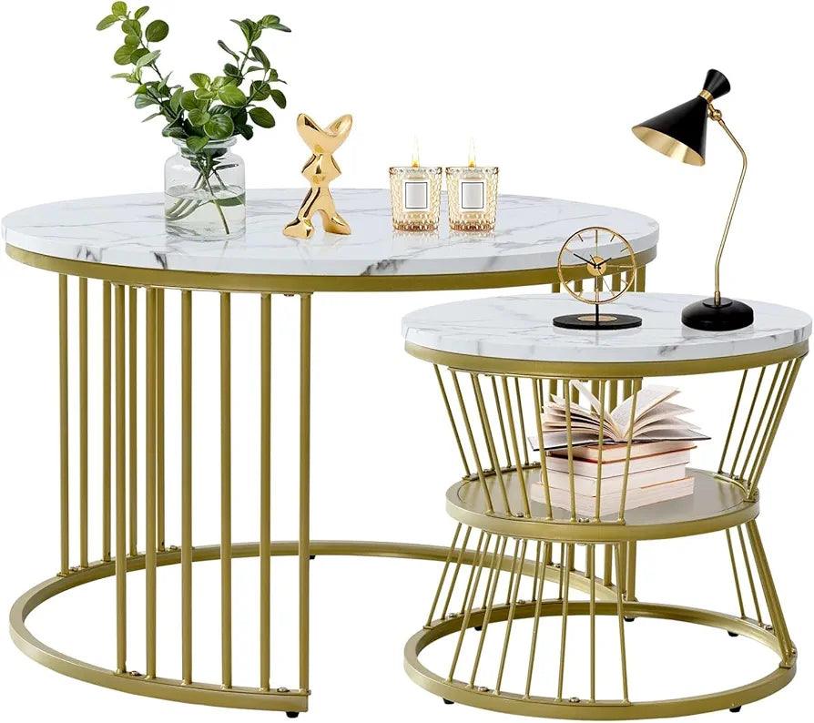 N I CREATIONS modern coffee table set with marble tops and gold metal frames for stylish home decor