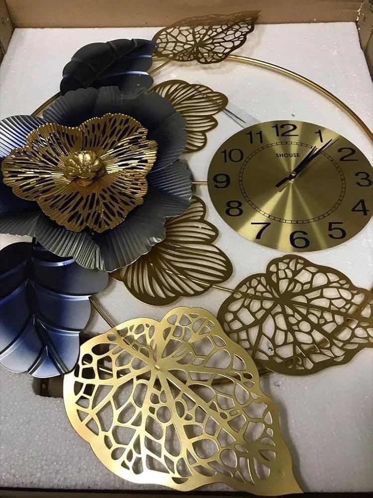 Stylish N I CREATIONS wall clock with decorative floral and leaf design in gold and blue tones