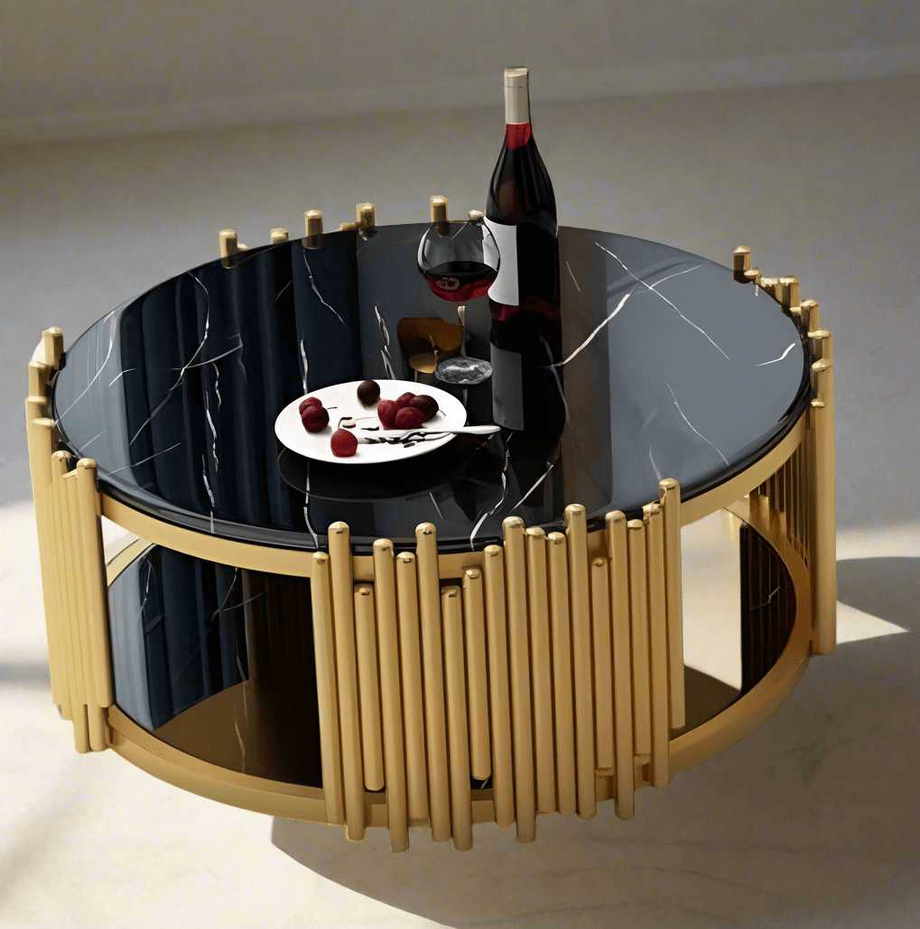 Stylish N I CREATIONS coffee table furniture with a black marble top and gold accents, perfect for modern decor