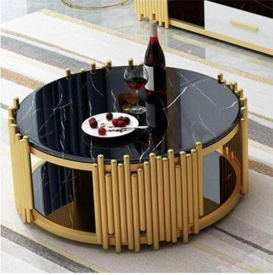 N I CREATIONS modern coffee table furniture with round black marble top and stylish gold accents