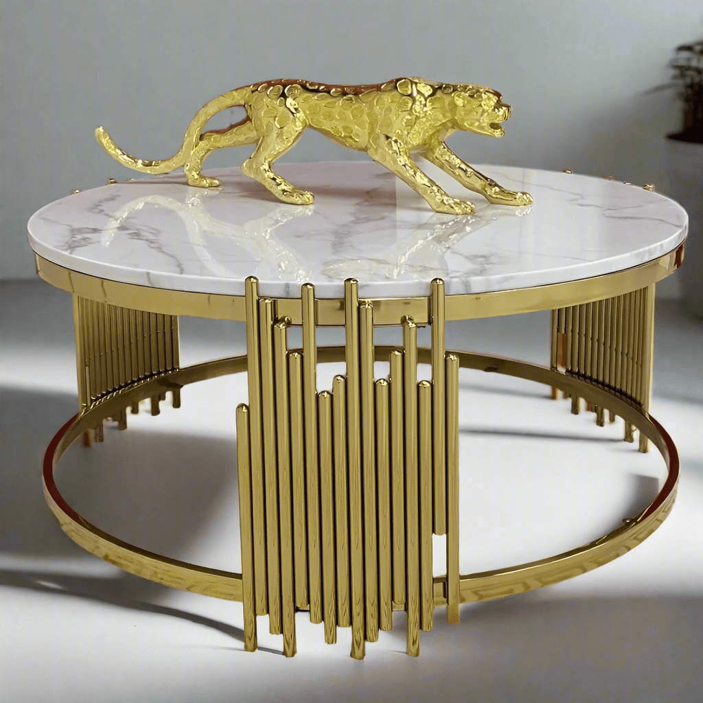 Stylish coffee table furniture with a marble top and a decorative golden leopard sculpture