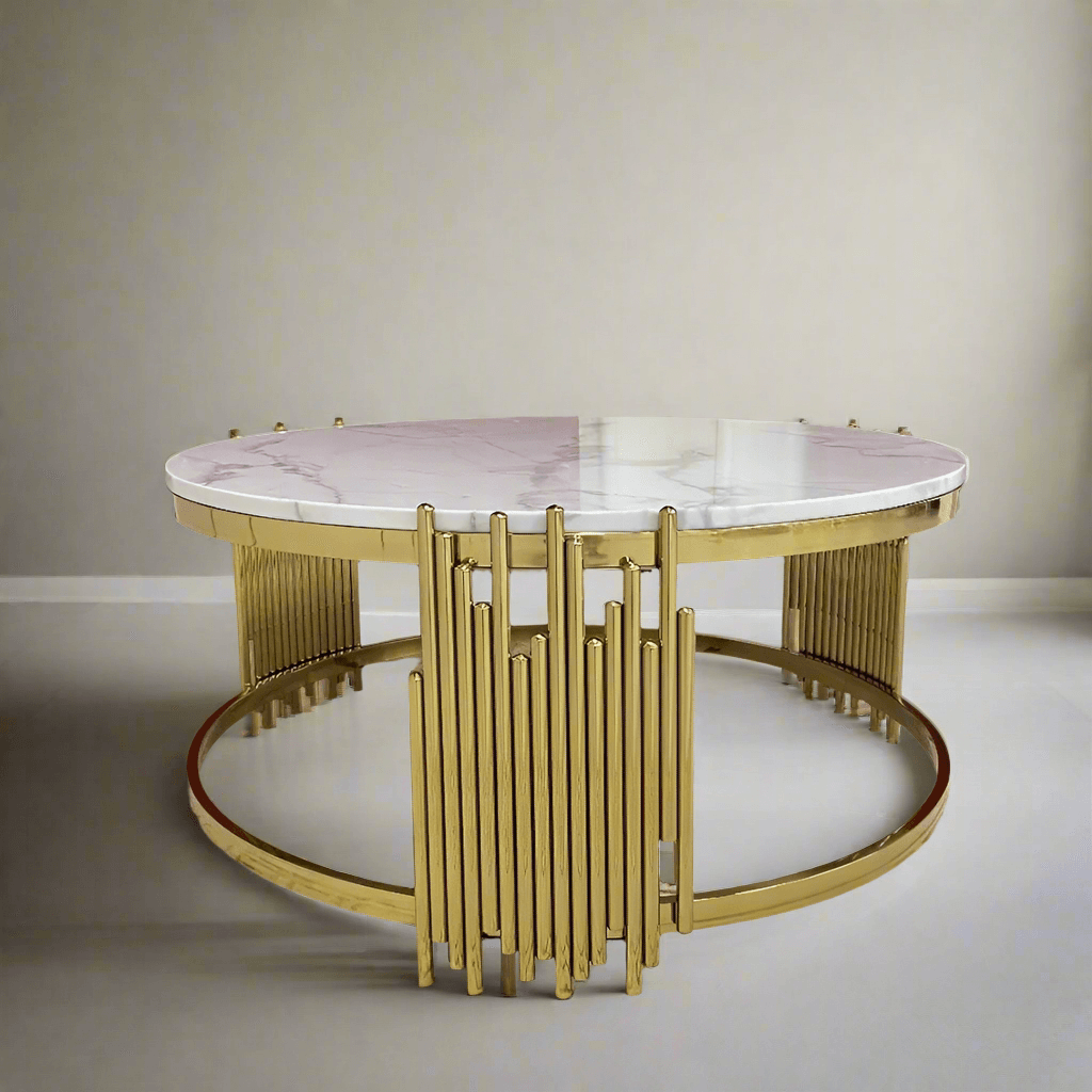 Modern round coffee table furniture with a marble top and sleek gold metal base