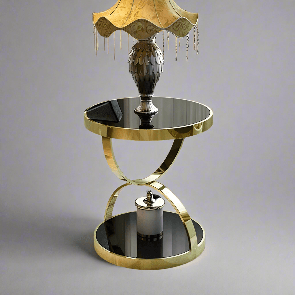 Elegant N I CREATIONS coffee table with gold accents and black glass surface, ideal for home decor