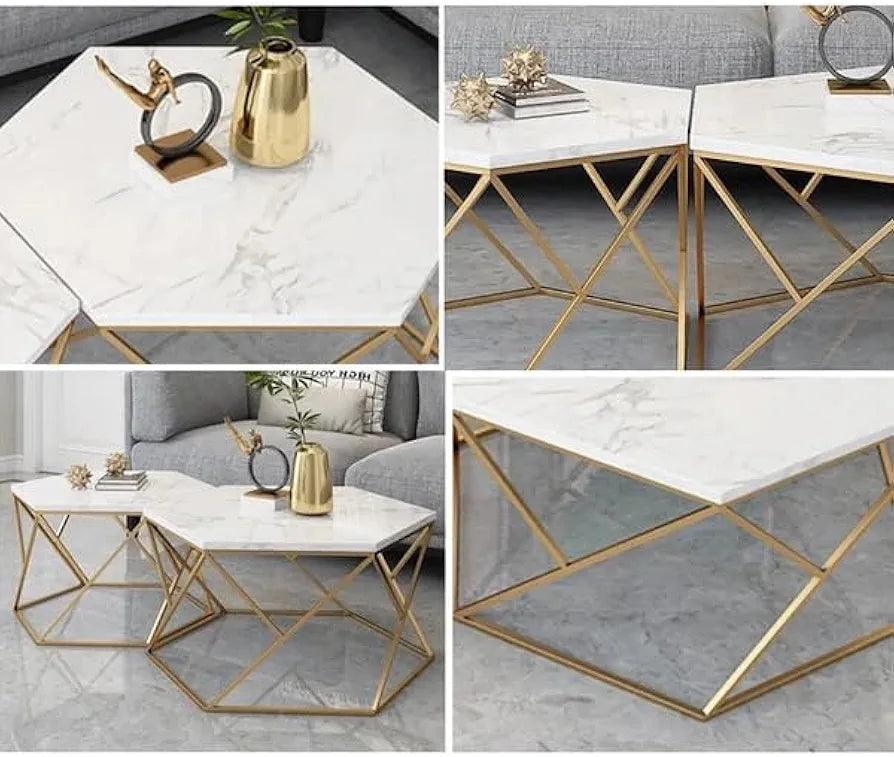 Stylish N I CREATIONS coffee tables with marble tops and geometric gold bases for modern home decor
