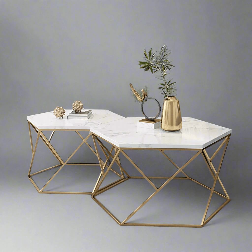 N I CREATIONS Modern Coffee Tables with Marble Top and Gold Geometric Metal Base for Stylish Homes