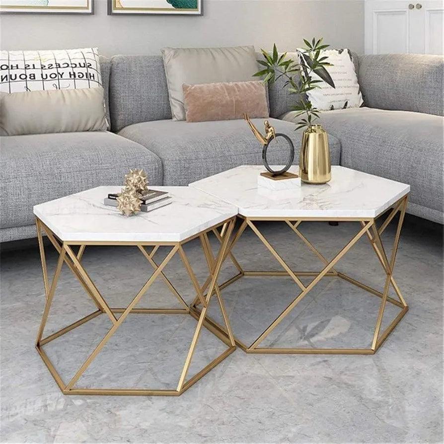 N I CREATIONS Modern Coffe Tables with Marble Top and Gold Geometric Base for Stylish Living Rooms