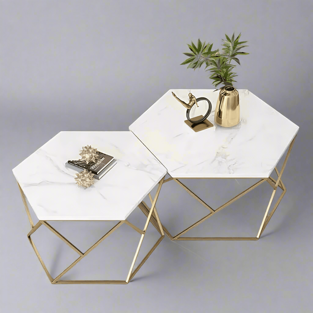 Modern N I CREATIONS Coffee Tables with Hexagonal White Marble Tops and Gold Metal Frames
