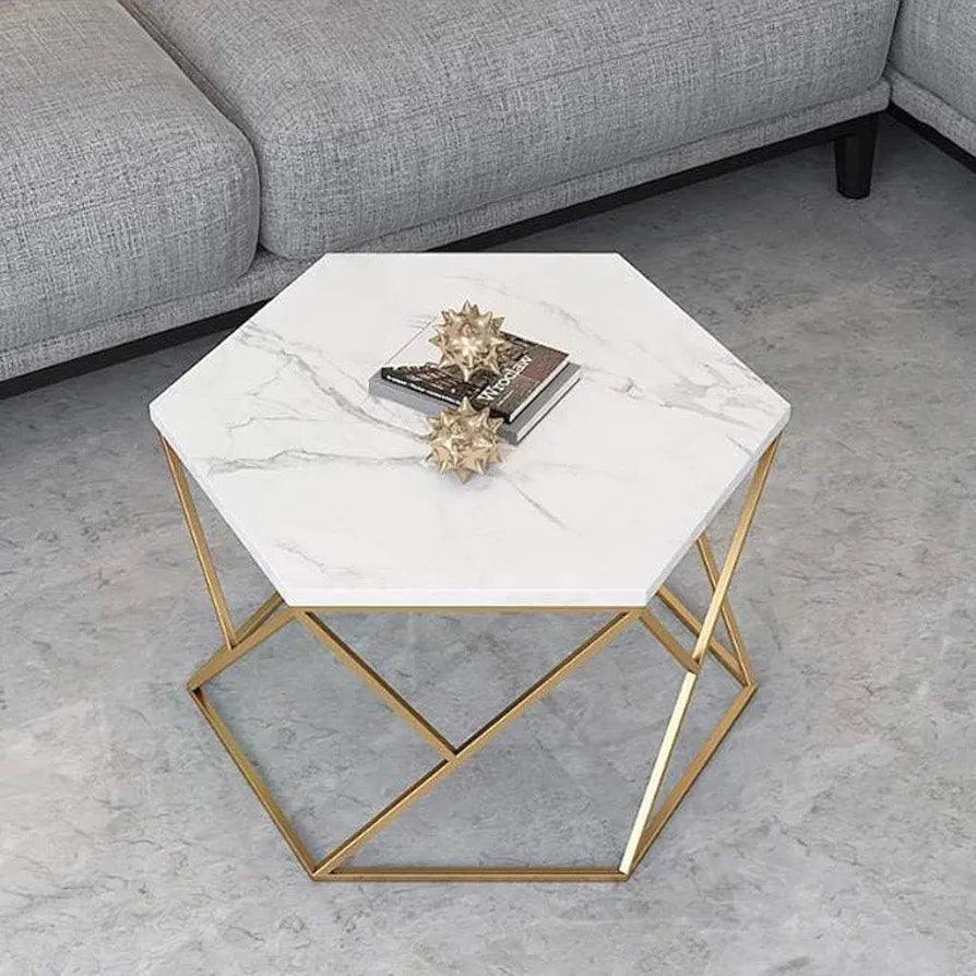 Stylish N I CREATIONS coffee table with a hexagonal marble top and gold metal base for modern decor