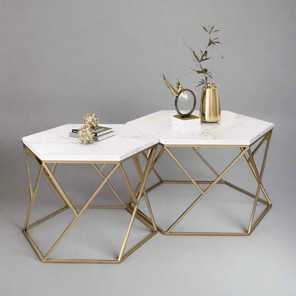 Stylish N I CREATIONS Coffee Tables with hexagonal white tops and gold metal frames, perfect for modern decor