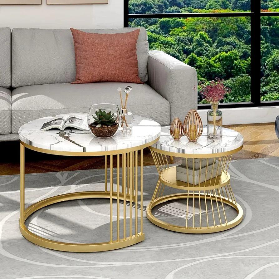 Elegant N I CREATIONS coffee table set with marble tops and gold metal accents for stylish living rooms