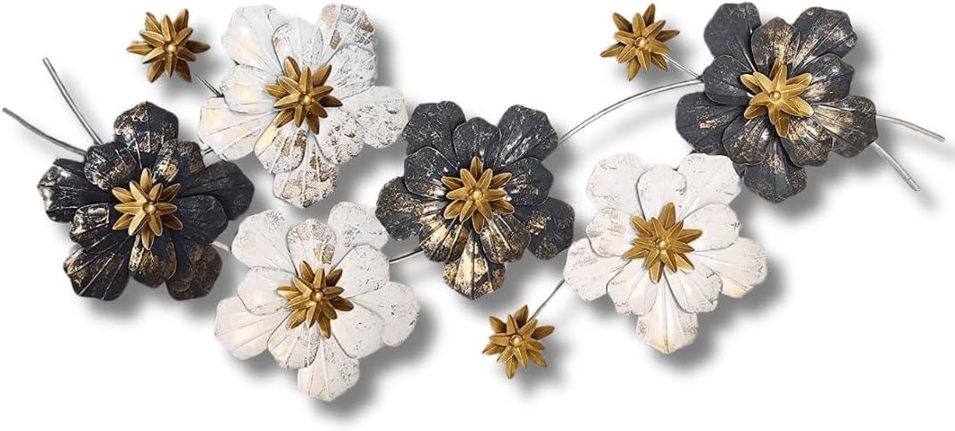 N I CREATIONS Metal Wall Art Decor Featuring Elegant Floral Design in Black, White, and Gold