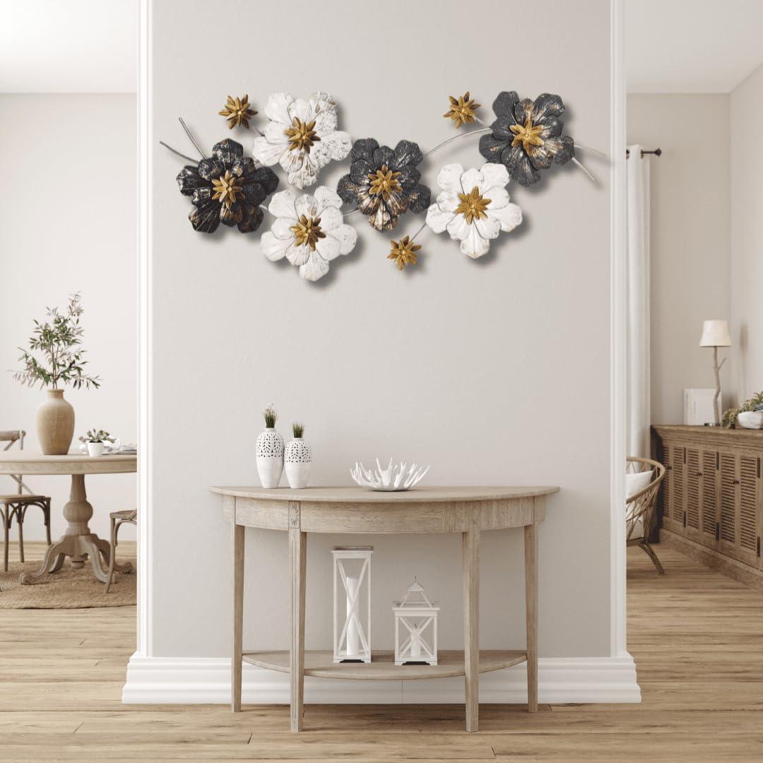 Stunning metal wall art decor featuring white, black, and gold flowers for modern home styling