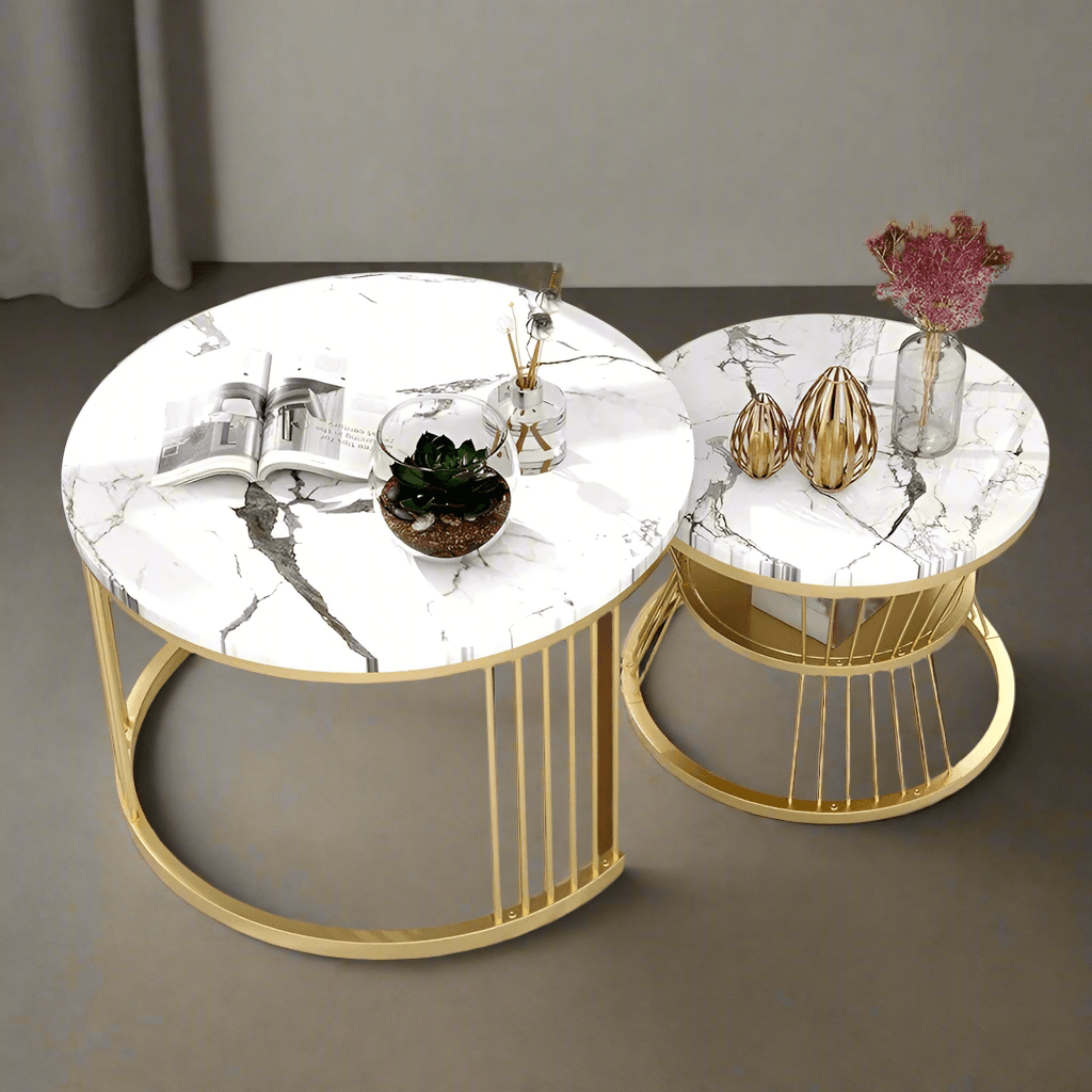 Elegant N I CREATIONS coffee table set with marble tops and gold metal frames, perfect for modern decor