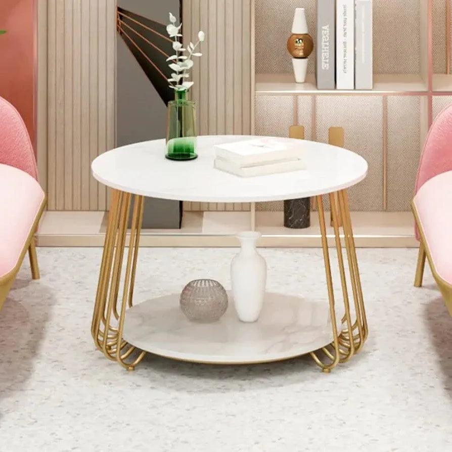Round side table with gold base and marble top – close angle living room