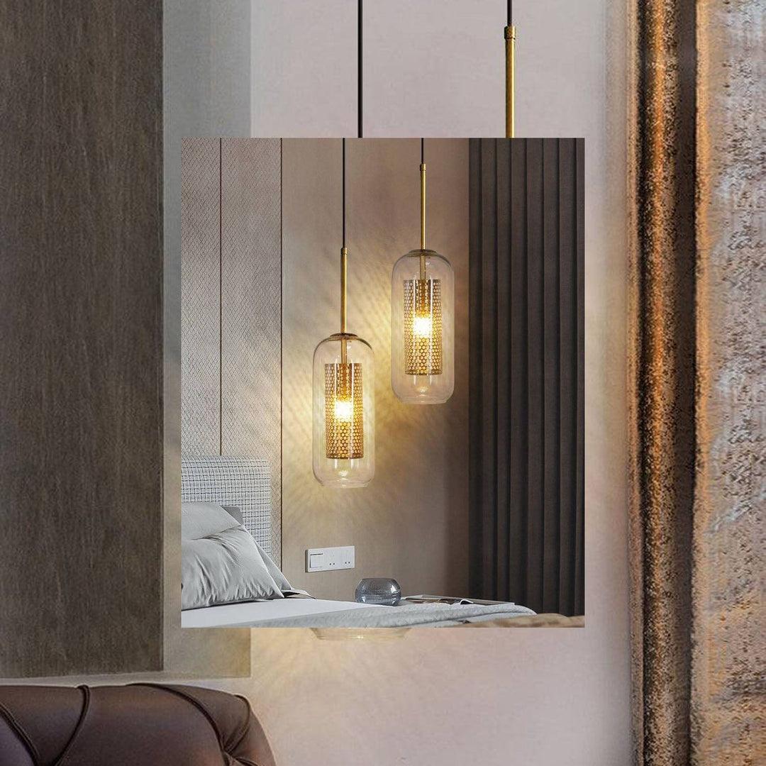 Pair of antique brass hanging lights with frosted borosilicate glass – ambient glow