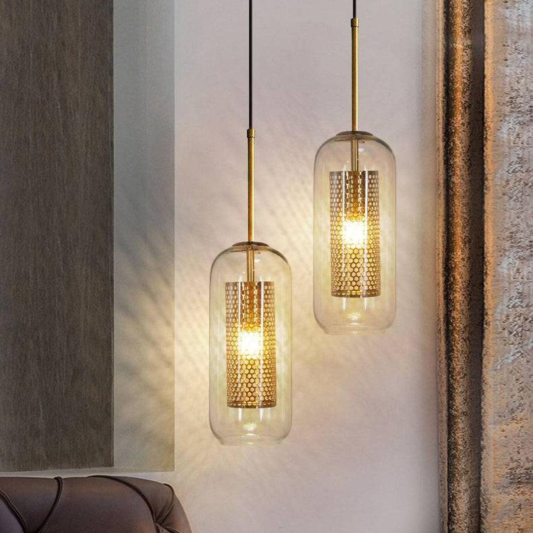 Set of 2 Satellitum pendant lights with antique brass finish – glass globes glowing warmly – N I CREATIONS™