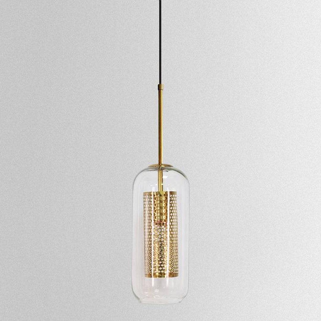 Off view of single clear glass and brass pendant light – modern ceiling fixture