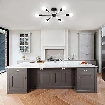 Modern N I CREATIONS Hanging Lights fixture above a grey kitchen island with marble countertop