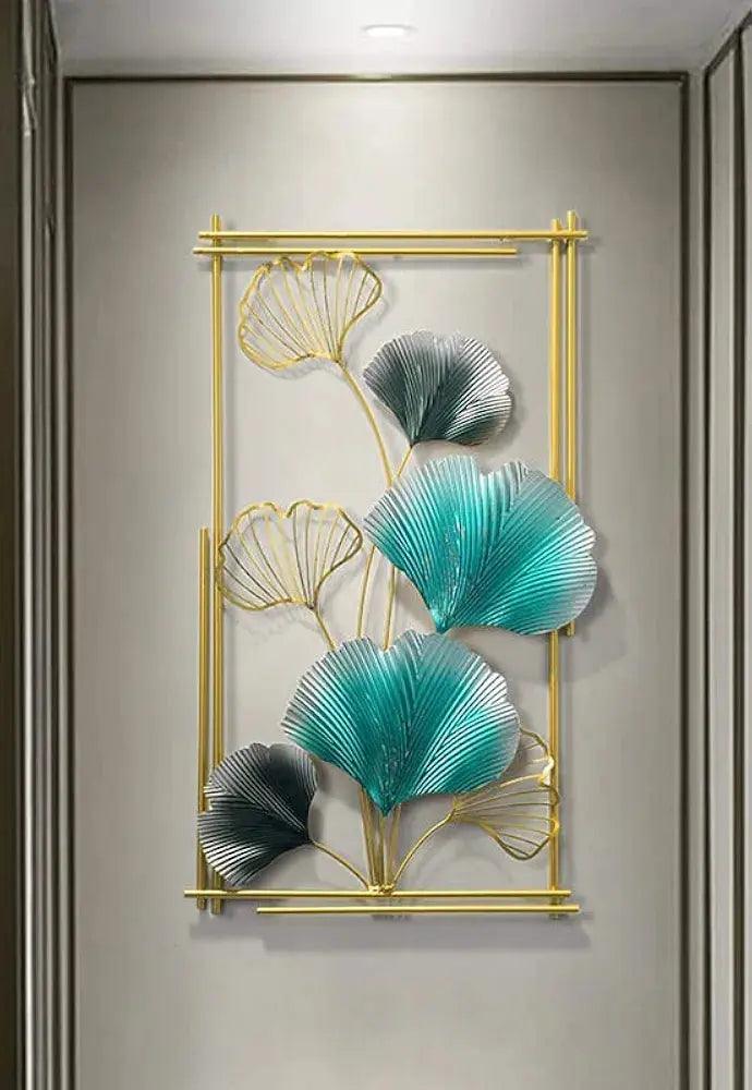 Stylish iron wall sculpture featuring vibrant teal and gray leaves for modern home decor