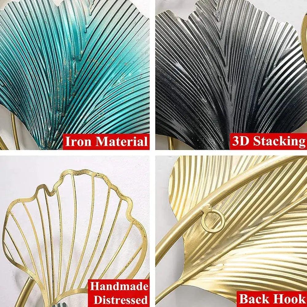 Handcrafted iron wall sculpture showcasing intricate leaf designs in various finishes and 3D stacking