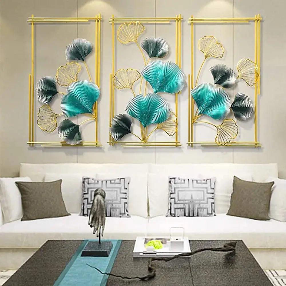 N I CREATIONS Iron wall sculpture featuring floral designs in teal and gold for stylish home decor
