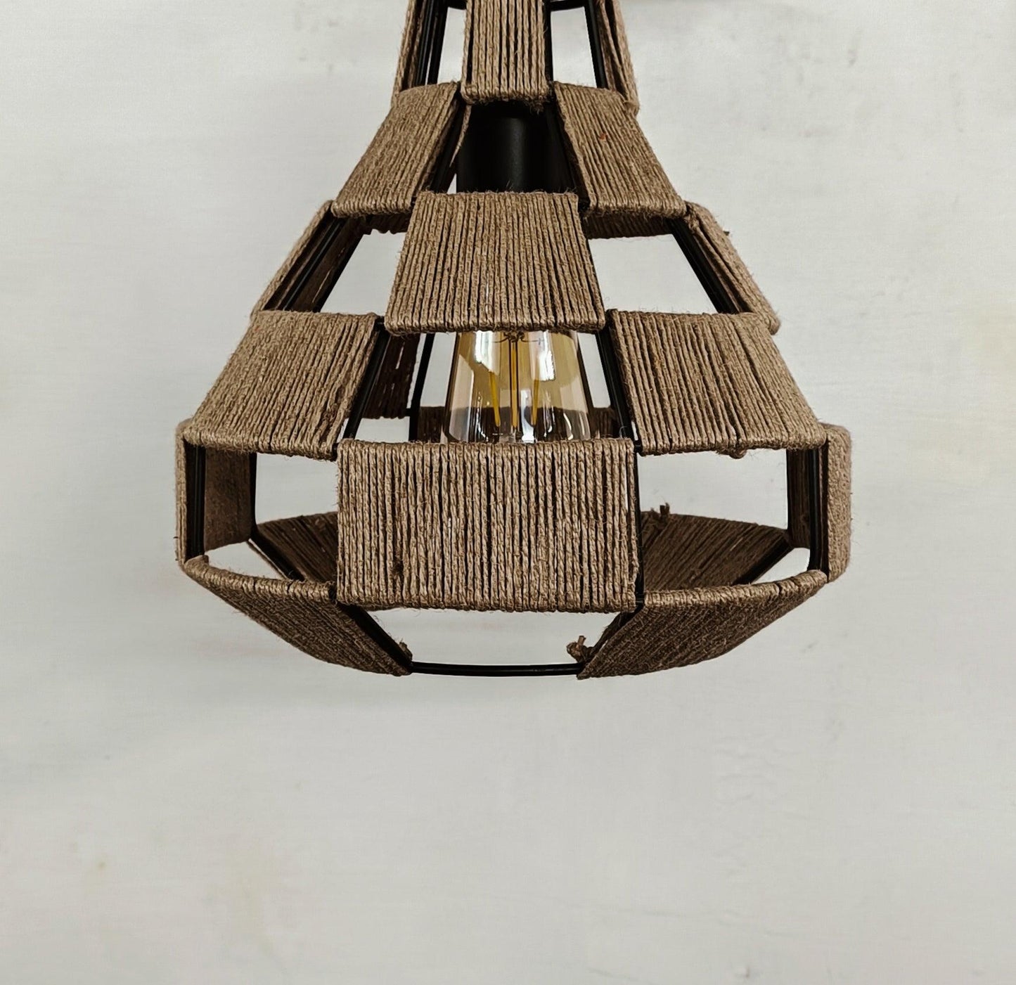Black metal hanging lamp with jute rope weave – turned off view – 11x11x13 inches