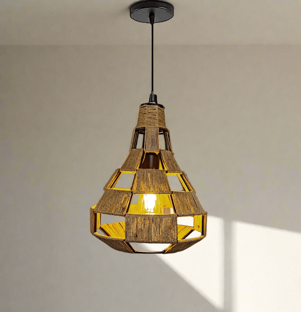 Rustic jute rope and black metal ceiling pendant light glowing warmly – N I CREATIONS™