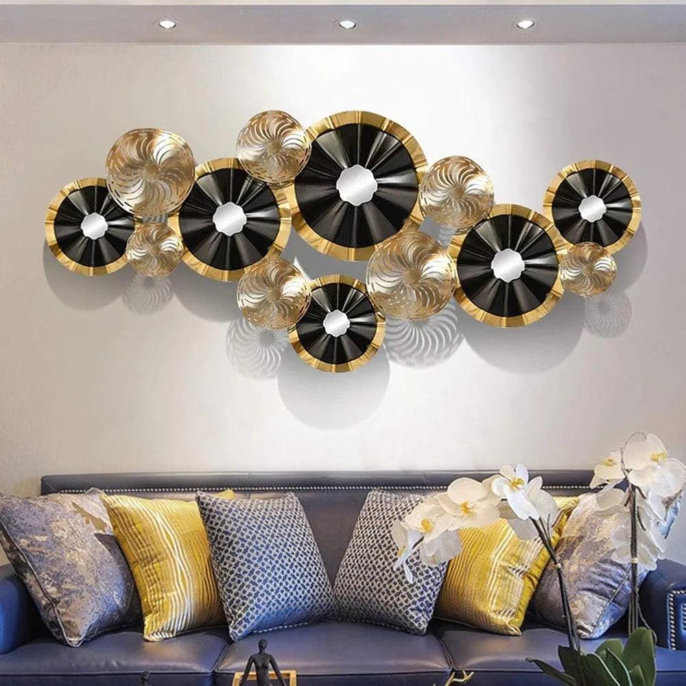N I CREATIONS modern living room wall decor featuring gold and black decorative pieces