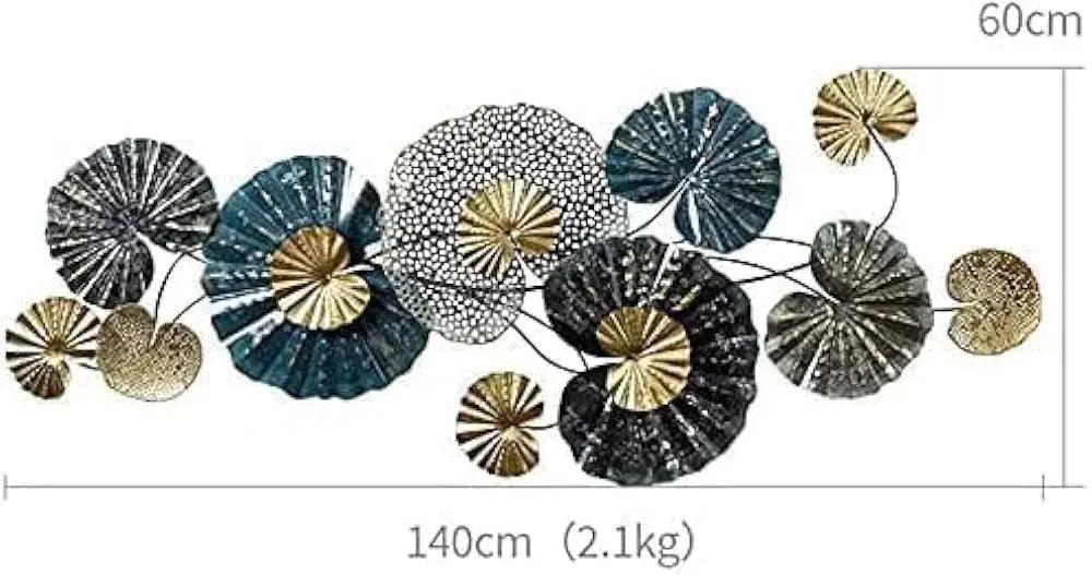 N I CREATIONS metal lotus wall art featuring a layered design in blue and gold tones, measuring 140cm by 60cm
