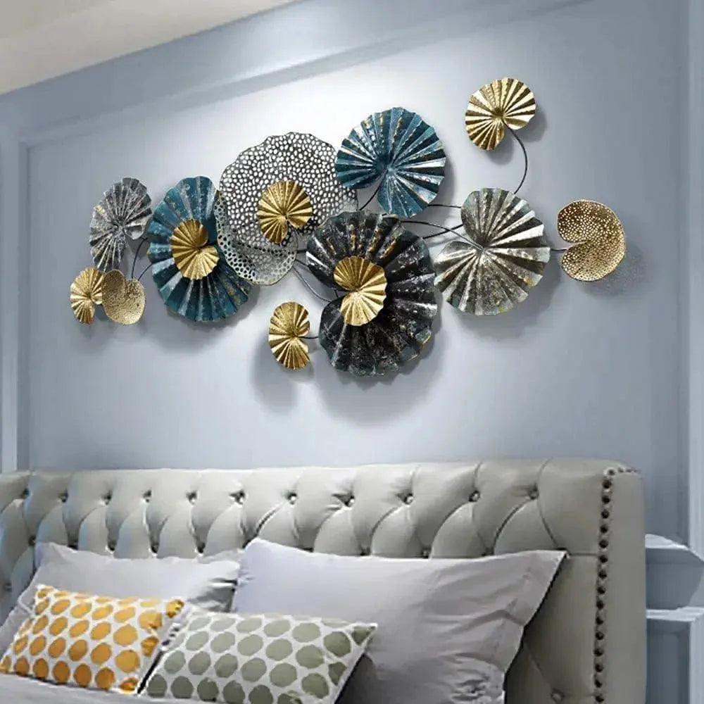 Beautiful metal lotus wall art featuring colorful floral designs in blue and gold for home decor