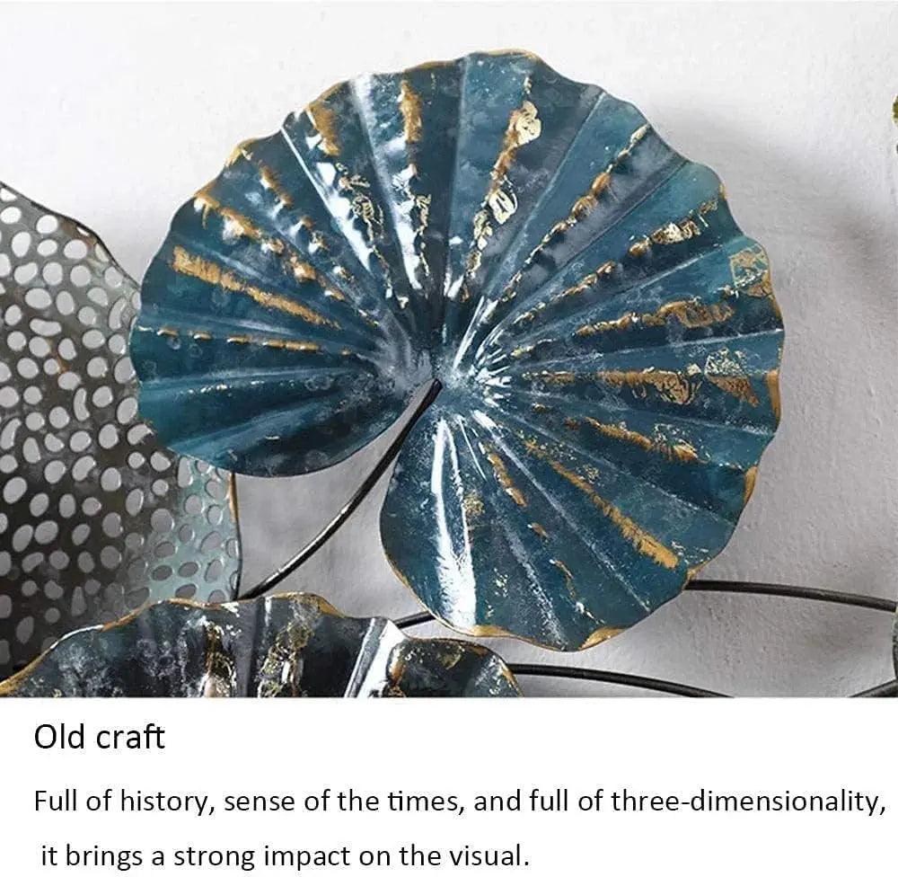 Metal lotus wall art in blue with gold accents, showcasing intricate craftsmanship for unique home decor