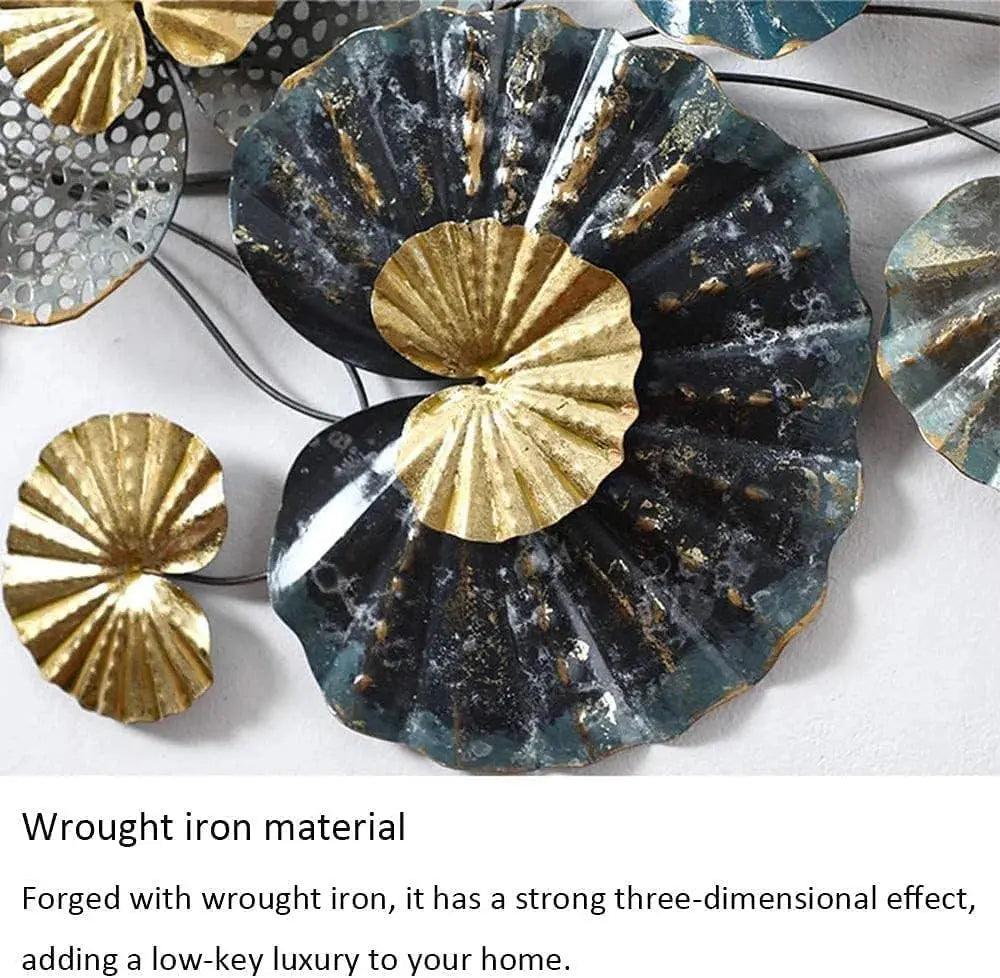 Metal lotus wall art in intricate design with gold and blue tones, made from wrought iron for home decor